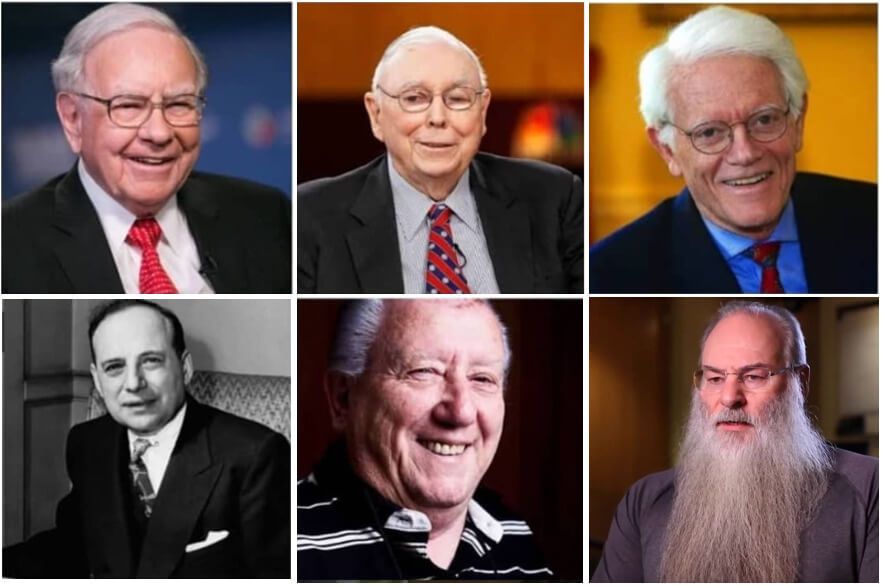 Mosaico com a foto de investidores conhecidos, como Warren Buffet, Charlie Munger e Peter Lynch